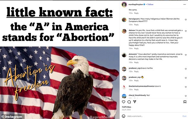 4. srpnja 2024. čak je objavila meme koji je glasio: 'Malo poznata činjenica" A "A" U Americi znači "Abortus"'pa čak i njezini sljedbenici u komentarima su se pojavili s objavom