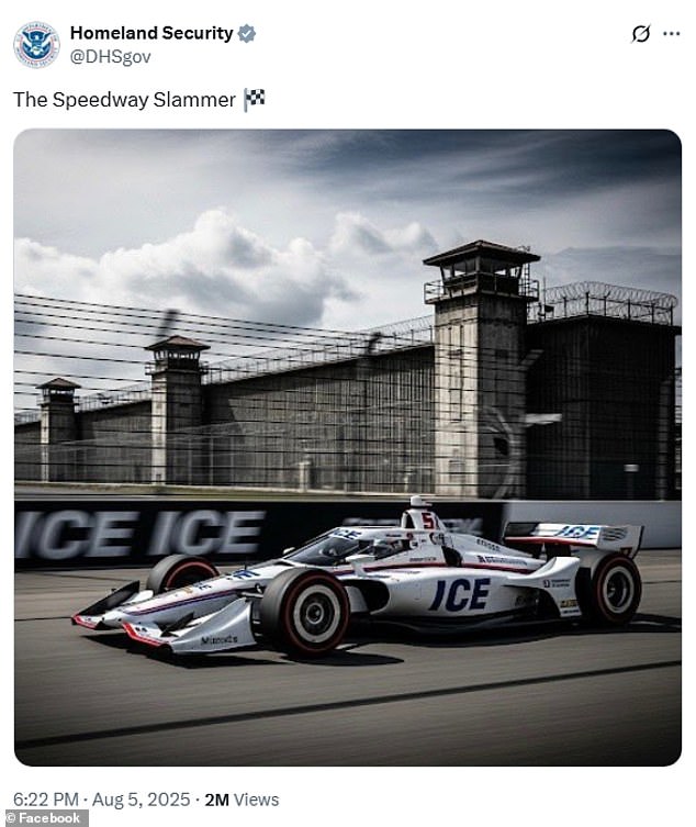 Izjava planova za imigracijski pritvorski centar u Indiani nazvanom 'Speedway Slammer', Odjel je objavio AI sliku trkačkog automobila na otvorenim kotačima s brojem Pato O'Warda
