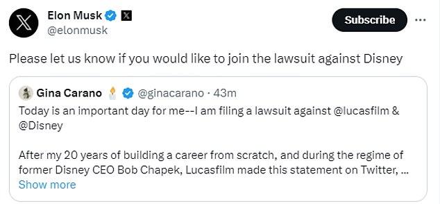 Carano je pronašao dobro financiranog saveznika milijardera Elona Muska, koji je prošle godine financirao parnice protiv Lucasfilma na saveznom sudu u Kaliforniji