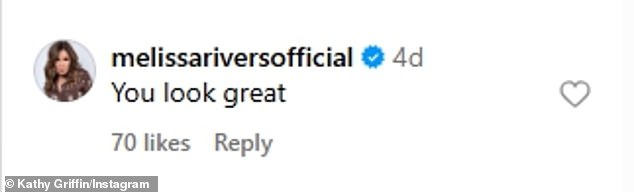 Kathy - koja se može pohvaliti 4,1m sljedbenici društvenih medija - objavila je isječak svog vlog -a na Instagramu i Melissa Rivers komentirala je: 