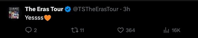 Službeni račun turneje Eras čak je komentirao post, napisavši: