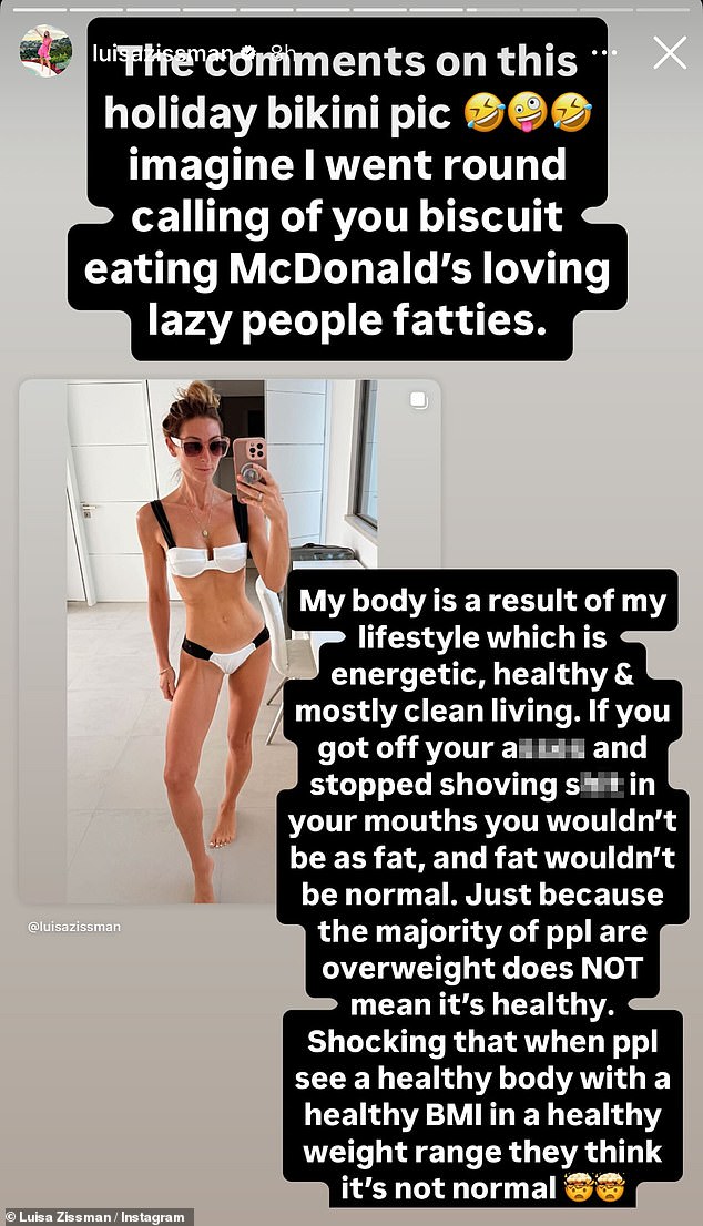 U njenom napadu napisala je: 'Zamislite da sam te nazvala biskvit jedući McDonald's Love Lazy People' Fatties 'i inzistirala je da je njezino tijelo rezultat' energičnog, zdravlja i uglavnom čistog života '