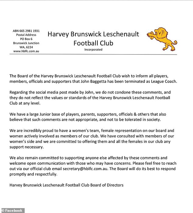 Izjava koju je izdao Harvey Brunswick Leschenault Football Club o Baggetti