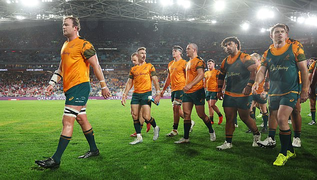 SYDNEY, AUSTRALIA - AUGUST 02: Harry Wilson of the Wallabies leads his team off the field during warm up prior to  the third test of the series between Australia Wallabies and British & Irish Lions at Accor Stadium on August 02, 2025 in Sydney, Australia. (Photo by Cameron Spencer/Getty Images)