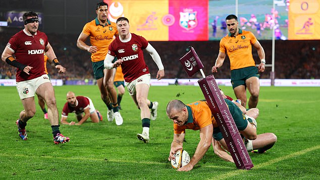 SYDNEY, AUSTRALIA - AUGUST 02: Dylan Pietsch of the Wallabies scores a try during the third test of the series between Australia Wallabies and British & Irish Lions at Accor Stadium on August 02, 2025 in Sydney, Australia. (Photo by Cameron Spencer/Getty Images)