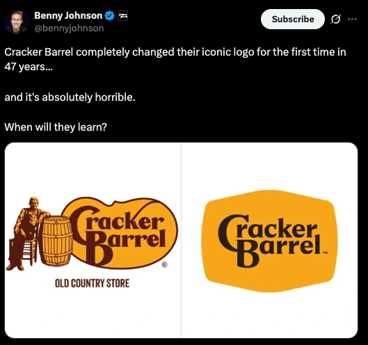 MAGA influencer Benny Johnson topi se preko redizajniranog logotipa Cracker Barrela na X u srijedu 20. kolovoza 2025