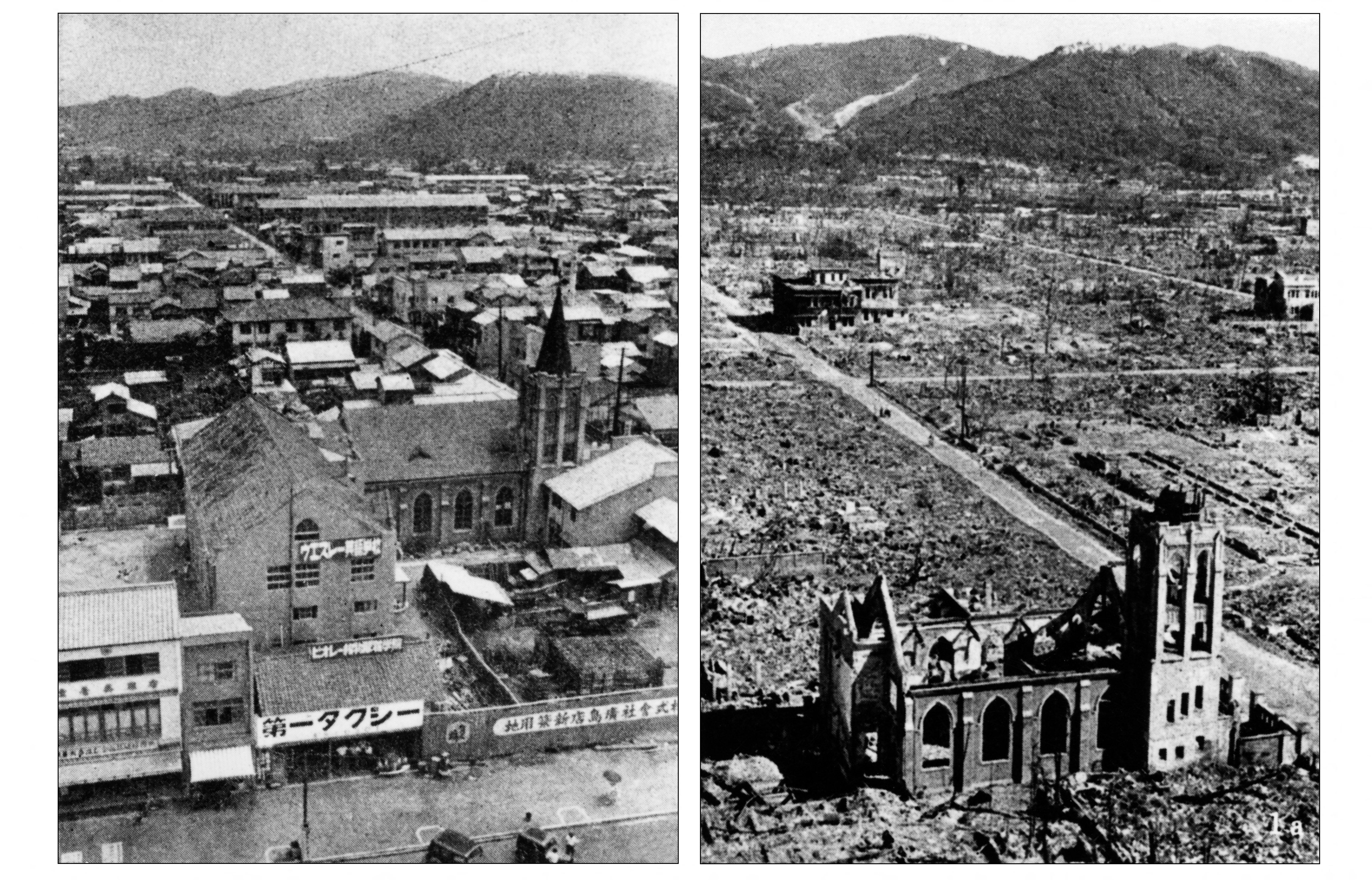 Pogled na grad Hiroshima prije i nakon prve atomske bombe spustio je zrakoplov zrakoplovstva B-29 u gradu 6. kolovoza 1945