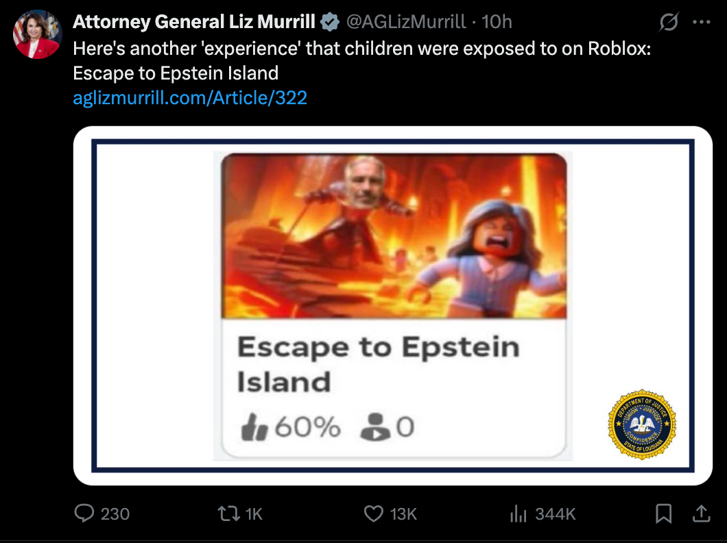 Glavna tužiteljica Louisiane Liz Murrill podijelila je snimku zaslona iz svog odijela u igri nazvanom 'Escape to Epstein Island'