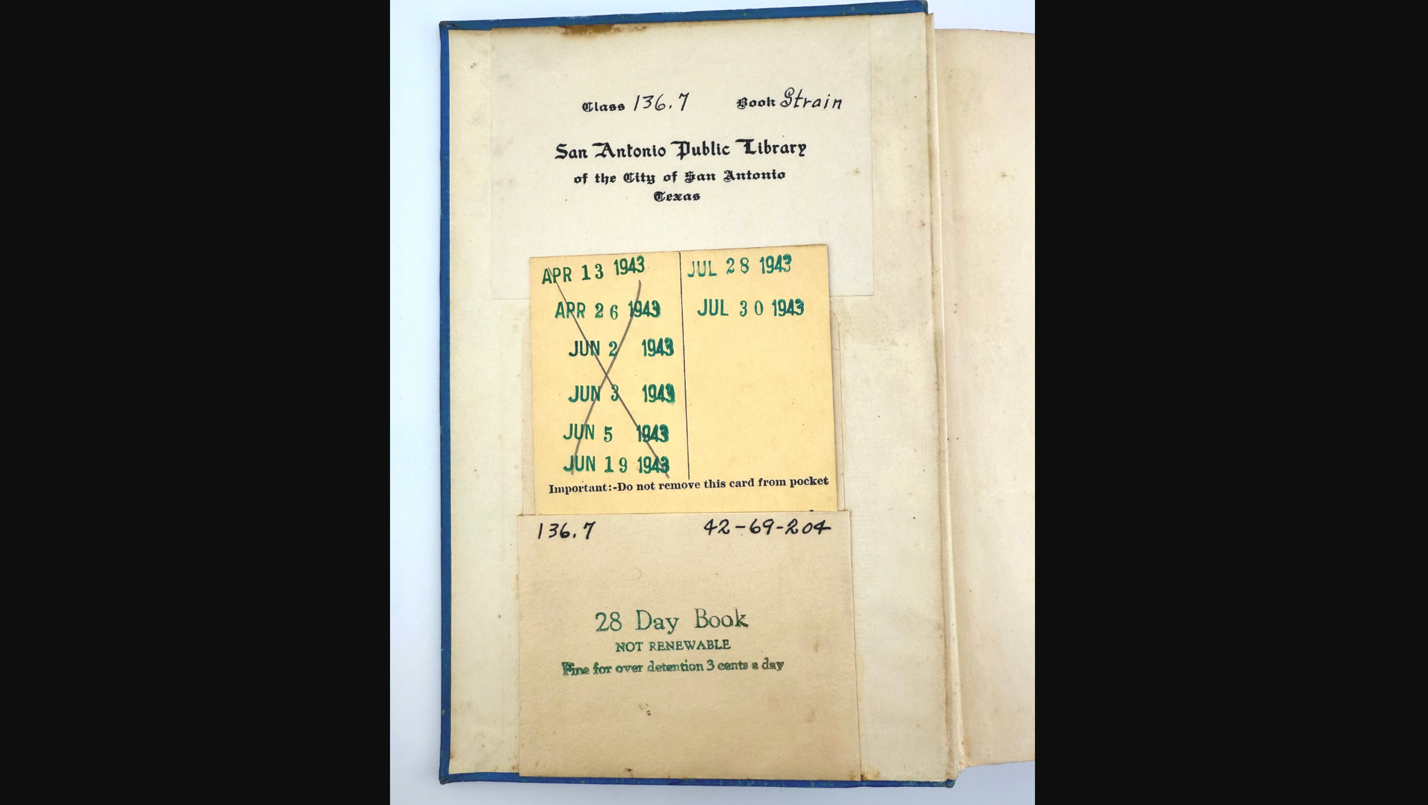 Naslovnica unutar kopije javne knjižnice San Antonio 