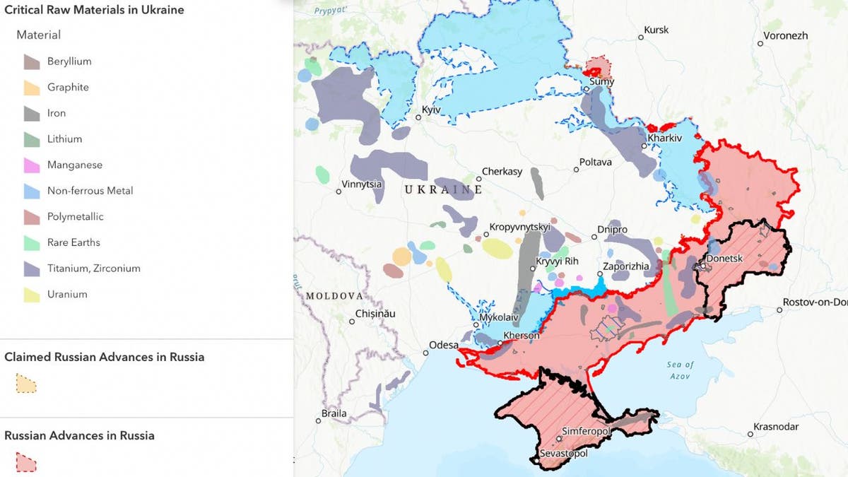 Karta prikazuje rusku kontrolu nad Ukrajinom i kritičnim sirovinama