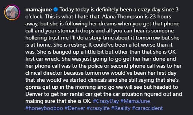 Mama June rekla je da je njezina kći 'malo udarnula, ali osim što je u redu olupina prvog automobila'