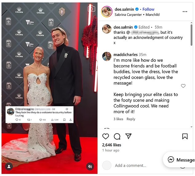 Nakon što je Salmin podijelila fotografiju sebe sa svojim Footy Star partnerom na ekskluzivnom događaju u Melbourneu, jedan je trol ostavio grubu napomenu. Salmin nije izgubio vrijeme u posluživanju odgovora jezika u obraz
