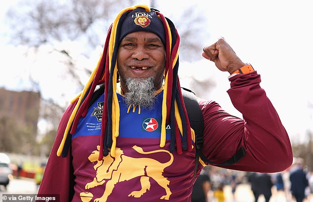 MELBOURNE, AUSTRALIA - SEPTEMBER 27: A Lions fan shows his colours during the AFL Grand Final match between Geelong Cats and Brisbane Lions at Melbourne Cricket Ground on September 27, 2025 in Melbourne, Australia. (Photo by Cameron Spencer/AFL Photos/via Getty Images)
