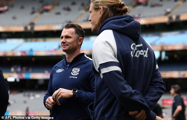 MELBOURNE, AUSTRALIA - SEPTEMBER 27: Patrick Dangerfield and Rhys Stanley of the Cats during the AFL Grand Final match between the Geelong Cats and the Brisbane Lions at the Melbourne Cricket Ground on September 27, 2025 in Melbourne, Australia. (Photo by James Wiltshire/AFL Photos via Getty Images)