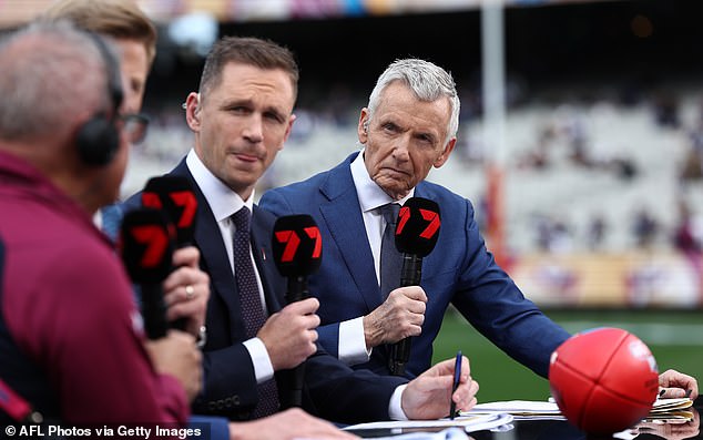 MELBOURNE, AUSTRALIA - SEPTEMBER 27: Bruce McAvaney with Chanel 7 during the AFL Grand Final match between the Geelong Cats and the Brisbane Lions at the Melbourne Cricket Ground on September 27, 2025 in Melbourne, Australia. (Photo by James Wiltshire/AFL Photos via Getty Images)
