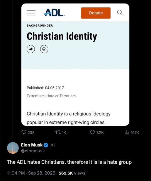 Elon Musk je tvrdio da ADL 'mrzi kršćane' nakon što je nabrojana krajnje desna ideologija kršćanskog identiteta kao ekstremista