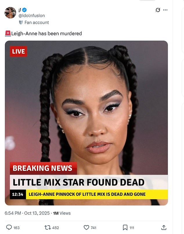 Navijački post na X, koji dijeli račun pod nazivom @Idolnfusion koji nema povezanost s pjevačem, sadrži Leigh-Anneovu fotografiju koja se koristi u ismijanom biltenu o Breaking News