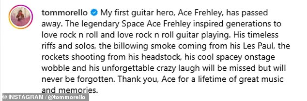 Tom Morello - koji je poznat po tome što je bio dio benda Rage Against The Machine - također je podijelio poruku na Instagramu uz fotografiju pokojnog gitarista