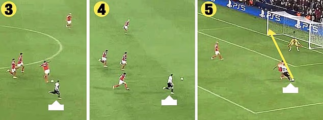 Papa vidi Harveya Barnesa kako juri na teren (1). On izvodi bacanje od 65 jardi (2) koje savršeno pada za krilnog napadača (3), koji uzima loptu u svom koraku (4) prije nego postigne pogodak (5)