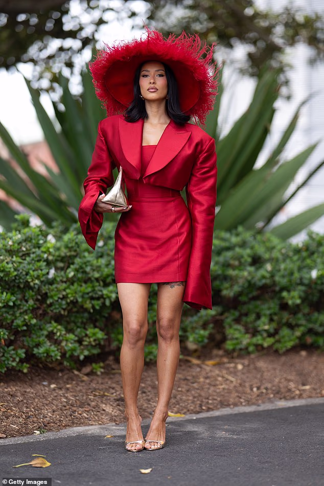 Pokrila se odgovarajućim skraćenim sakoom koji je imao široki, zadignuti rever. Sako je također imao izdužene rukave koji su se spuštali preko Evelyninih ruku