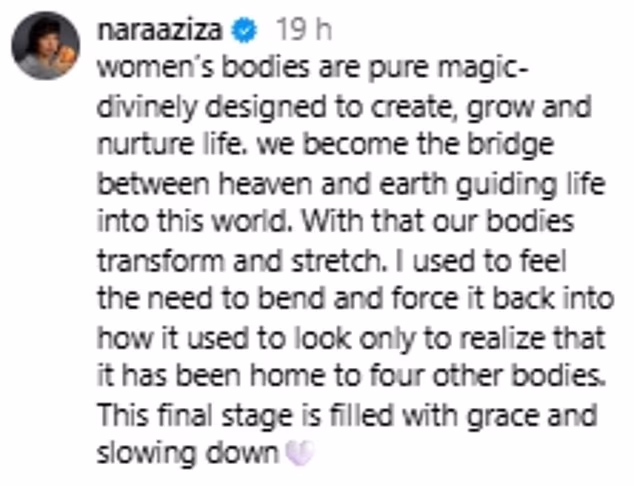 Dijeleći slike maženja Fawnie, Nara je napisala: 'Ženska su tijela čista magija - božanski dizajnirana da stvaraju, rastu i njeguju život'