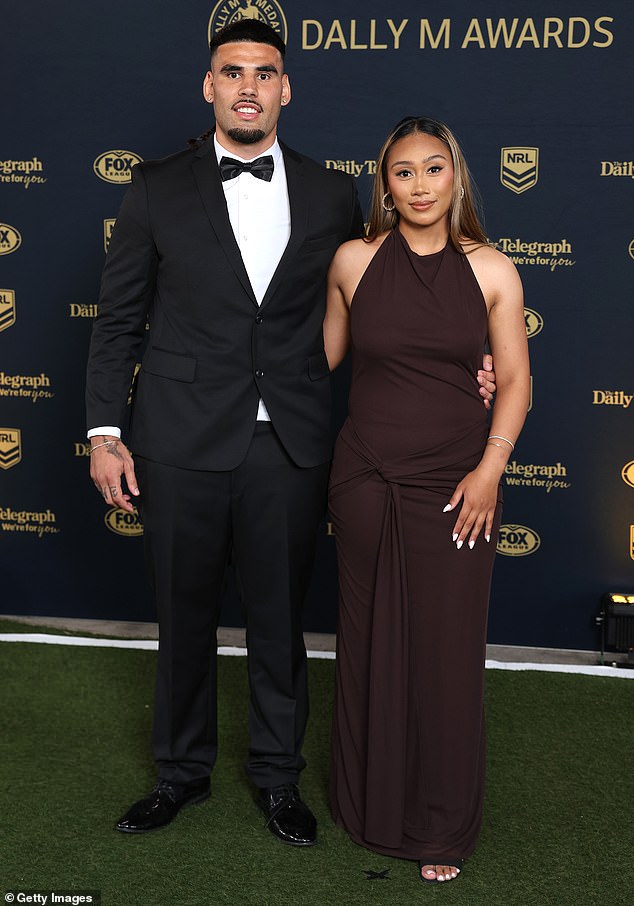 SYDNEY, AUSTRALIA - OCTOBER 01: Terrell May of the Wests Tigers and his partner arrive ahead of the 2025 Dally M Awards at The Winx Stand, Royal Randwick Racecourse on October 01, 2025 in Sydney, Australia. (Photo by Mark Metcalfe/Getty Images)