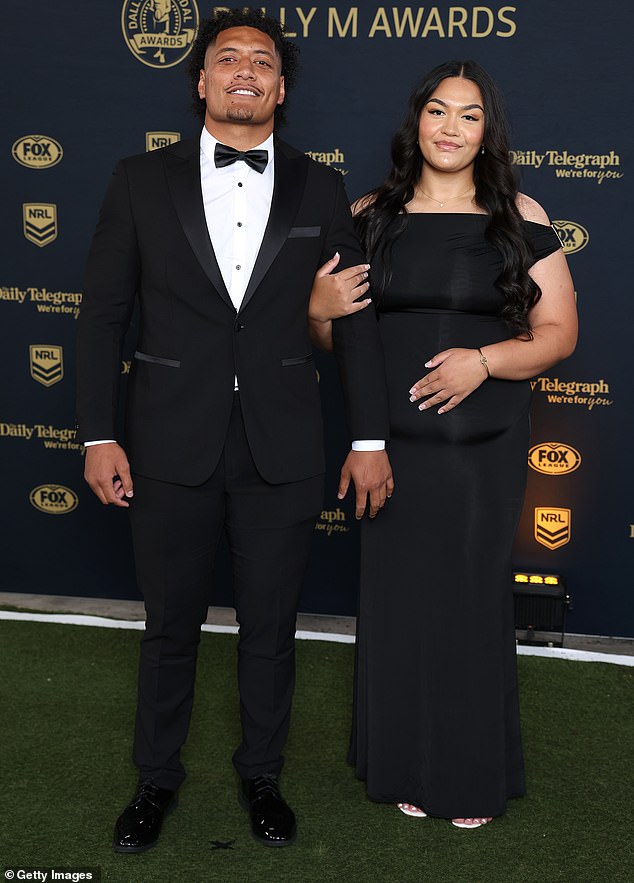 SYDNEY, AUSTRALIA - OCTOBER 01: Naufahu Whyte of the Sydney Roosters and his partner arrive ahead of the 2025 Dally M Awards at The Winx Stand, Royal Randwick Racecourse on October 01, 2025 in Sydney, Australia. (Photo by Mark Metcalfe/Getty Images)