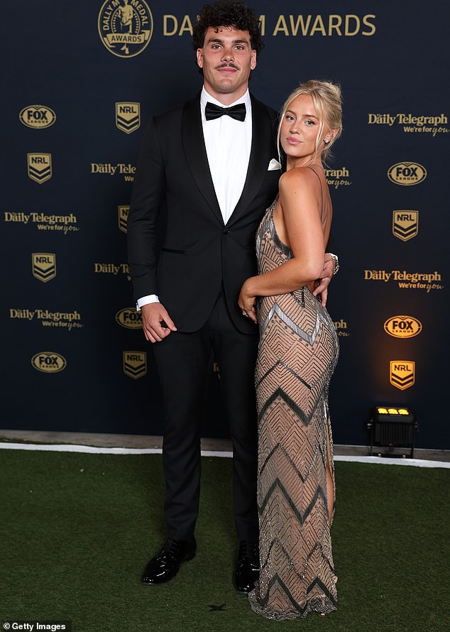 SYDNEY, AUSTRALIA - OCTOBER 01: Herbie Farnworth of the Dolphins and partner arrive ahead of the 2025 Dally M Awards at The Winx Stand, Royal Randwick Racecourse on October 01, 2025 in Sydney, Australia. (Photo by Mark Metcalfe/Getty Images)