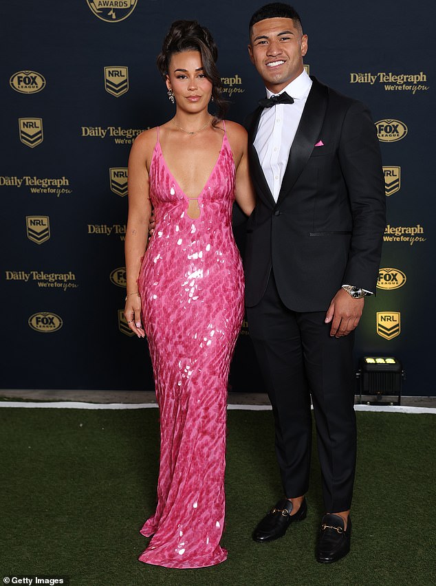 SYDNEY, AUSTRALIA - OCTOBER 01: Isaiya Katoa of the Dolphins and partner arrive ahead of the 2025 Dally M Awards at The Winx Stand, Royal Randwick Racecourse on October 01, 2025 in Sydney, Australia. (Photo by Mark Metcalfe/Getty Images)