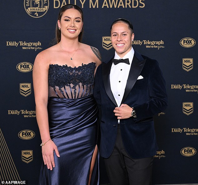 Alexis Tauaneai and Angelina Teakaraanga-Katoa of the Bulldogs during the NRL's 2025 Dally M Awards at the Royal Randwick Racecourse in Sydney, Wednesday, October 1, 2025. (AAP Image/Steve Markham) NO ARCHIVING