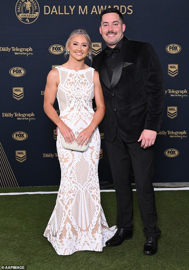 Emma Manzelmann of the Cowboys with partner Hayden Bell during the NRL's 2025 Dally M Awards at the Royal Randwick Racecourse in Sydney, Wednesday, October 1, 2025. (AAP Image/Steve Markham) NO ARCHIVING