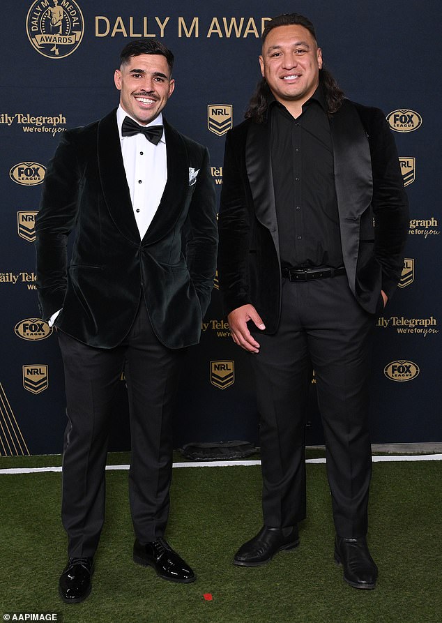 Jamal Fogarty and Josh Papalii of the Raiders during the NRL's 2025 Dally M Awards at the Royal Randwick Racecourse in Sydney, Wednesday, October 1, 2025. (AAP Image/Steve Markham) NO ARCHIVING