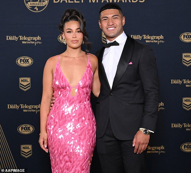 Isaiya Katoa of the Dolphins and partner Pani during the NRL's 2025 Dally M Awards at the Royal Randwick Racecourse in Sydney, Wednesday, October 1, 2025. (AAP Image/Steve Markham) NO ARCHIVING
