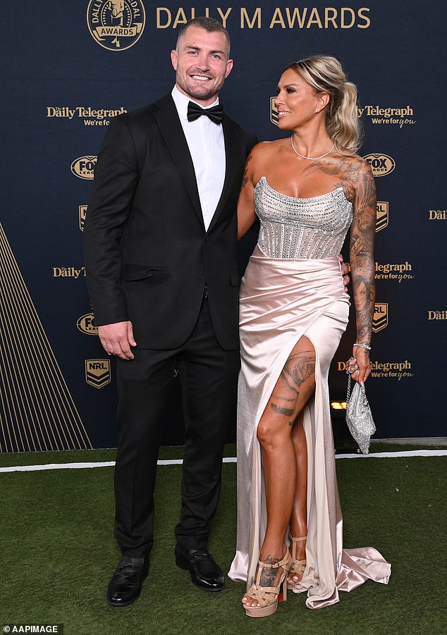 Kieran Foran of the Titans and his wife Karina Foran during the NRL's 2025 Dally M Awards at the Royal Randwick Racecourse in Sydney, Wednesday, October 1, 2025. (AAP Image/Steve Markham) NO ARCHIVING