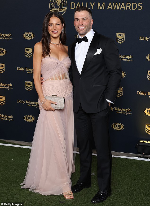 SYDNEY, AUSTRALIA - OCTOBER 01: James Tedesco of the Sydney Roosters and partner Maria Glinellis arrive ahead of the 2025 Dally M Awards at The Winx Stand, Royal Randwick Racecourse on October 01, 2025 in Sydney, Australia. (Photo by Mark Metcalfe/Getty Images)