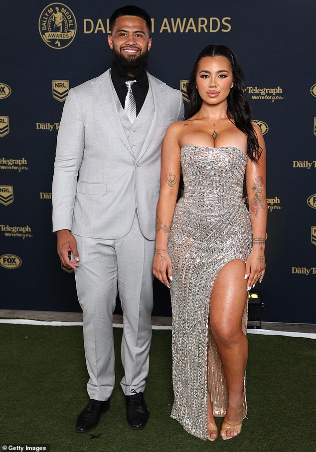 SYDNEY, AUSTRALIA - OCTOBER 01: Payne Haas of the Brisbane Broncos and partner Leilani Mohenoa arrive ahead of the 2025 Dally M Awards at The Winx Stand, Royal Randwick Racecourse on October 01, 2025 in Sydney, Australia. (Photo by Mark Metcalfe/Getty Images)