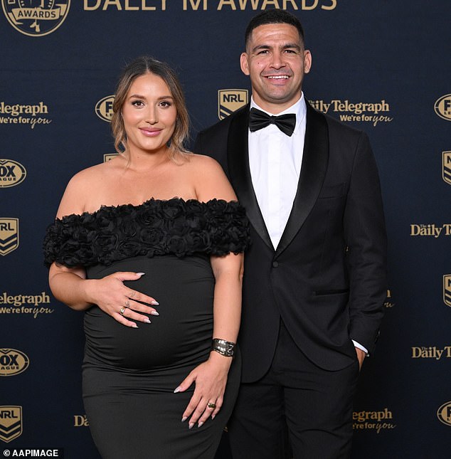 Cody Walker of the Rabbitohs and partner during the NRL's 2025 Dally M Awards at the Royal Randwick Racecourse in Sydney, Wednesday, October 1, 2025. (AAP Image/Steve Markham) NO ARCHIVING