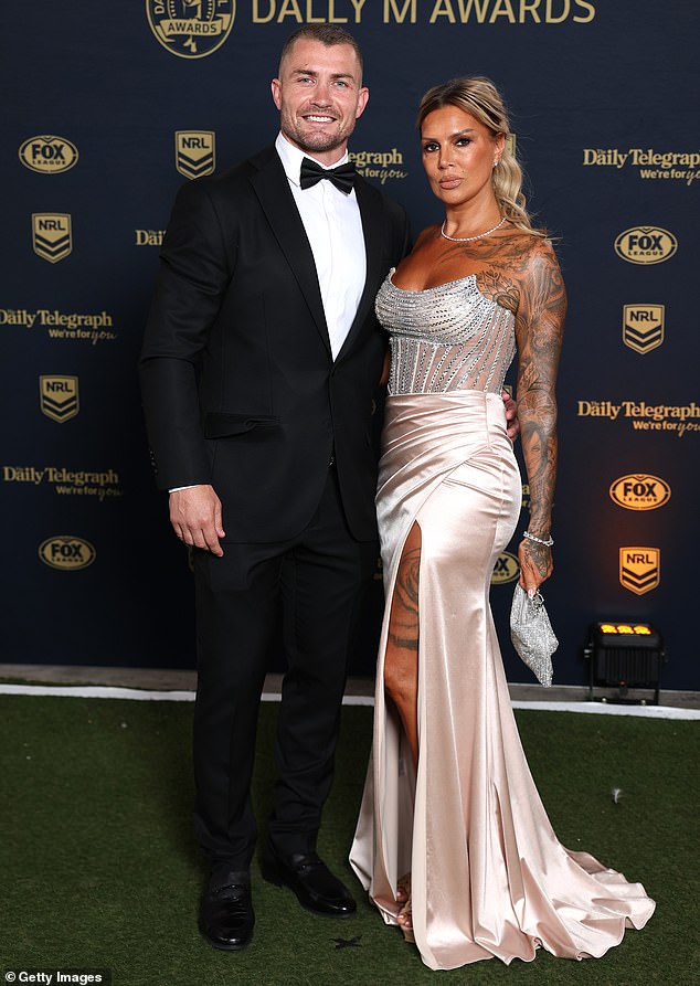 SYDNEY, AUSTRALIA - OCTOBER 01: Kieran Foran of the Gold Coast Titans and his wife Karina Foran arrive ahead of the 2025 Dally M Awards at The Winx Stand, Royal Randwick Racecourse on October 01, 2025 in Sydney, Australia. (Photo by Mark Metcalfe/Getty Images)