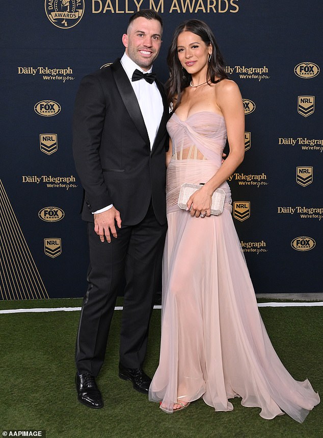 James Tedesco of the Roosters with partner Maria Glinellis during the NRL's 2025 Dally M Awards at the Royal Randwick Racecourse in Sydney, Wednesday, October 1, 2025. (AAP Image/Steve Markham) NO ARCHIVING