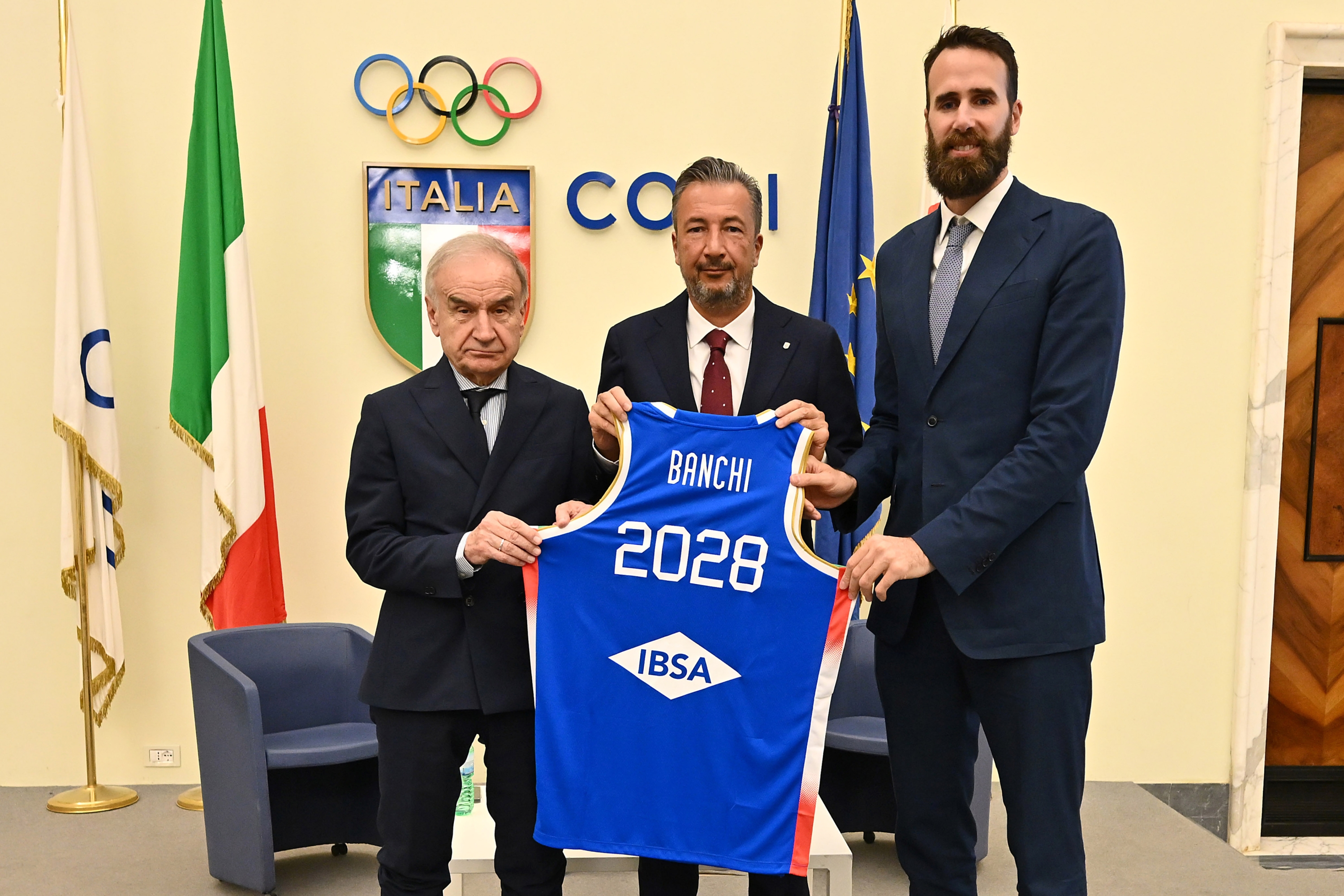 Giovanni Petrucci, Luca Banchi, Luigi Datome Talijanska seniorska muška reprezentacija - Prezentacijska konferencija Luca Banchi FIP 2025 Rim, 03/10/2025 Fotografija G.Masi / Ciamillo-Castoria