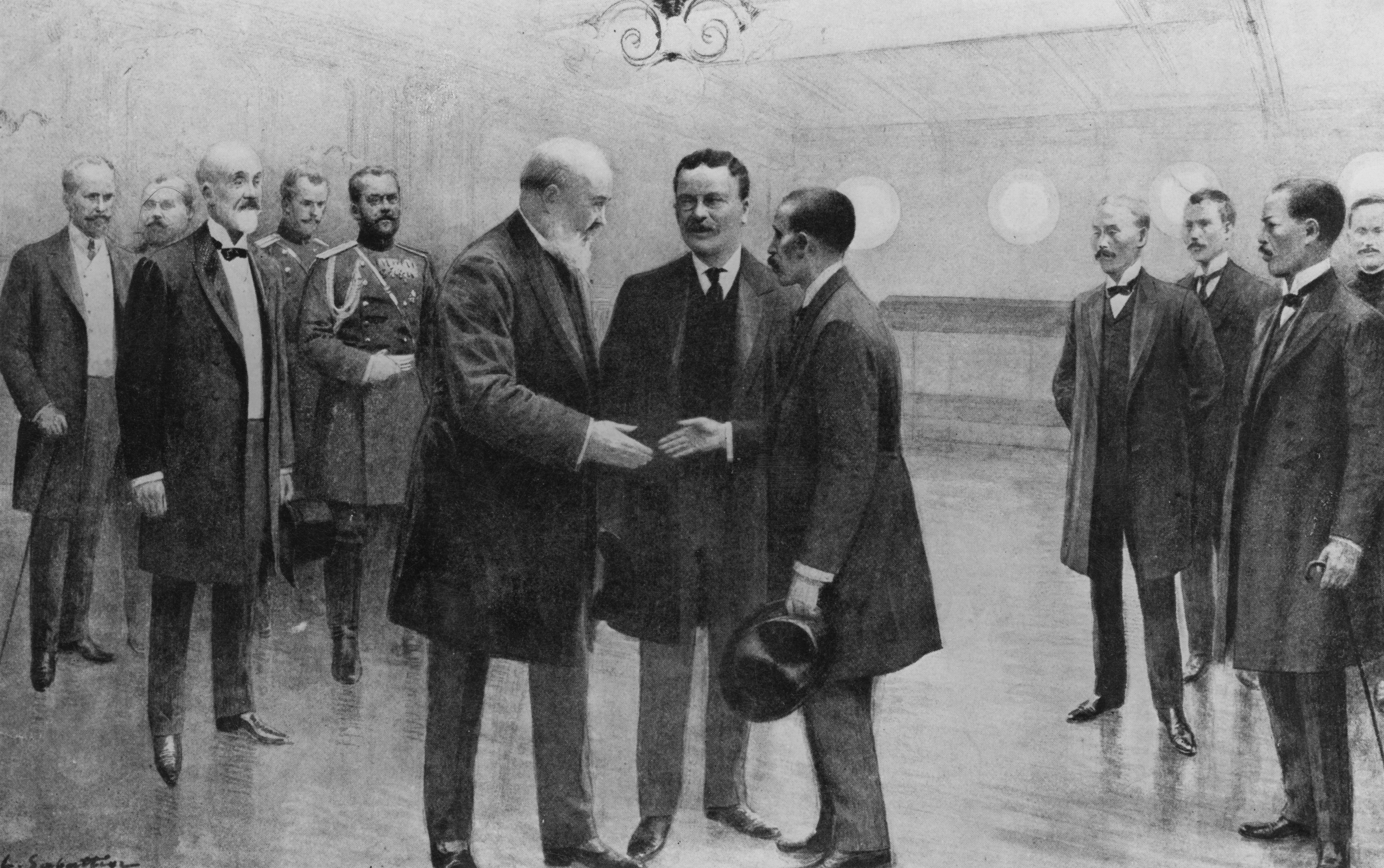 Predsjednik Theodore Roosevelt predstavlja ruske i japanske delegate na mirovnoj konferenciji u Portsmouthu. Tamo je Roosevelt odigrao ključnu ulogu u mirovnim pregovorima, a kasnije je za svoj trud dobio Nobelovu nagradu za mir