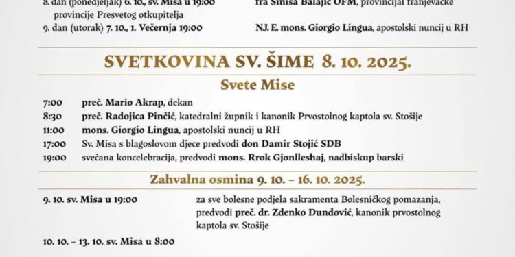 Na svetkovinu sv. Šime, zaštitnika Zadra, svečano misno slavlje predvodi mons. Giorgio Lingua, apostolski nuncij u Hrvatskoj