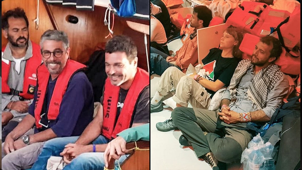Skupina pro-palestinskih aktivista sjedi u čamcu, a neki se nasmijavaju, nose prsluke za spašavanje; Druga fotografija prikazuje Greta Thunberg koja je sjedila među aktivistima koja nose jakne za spašavanje.