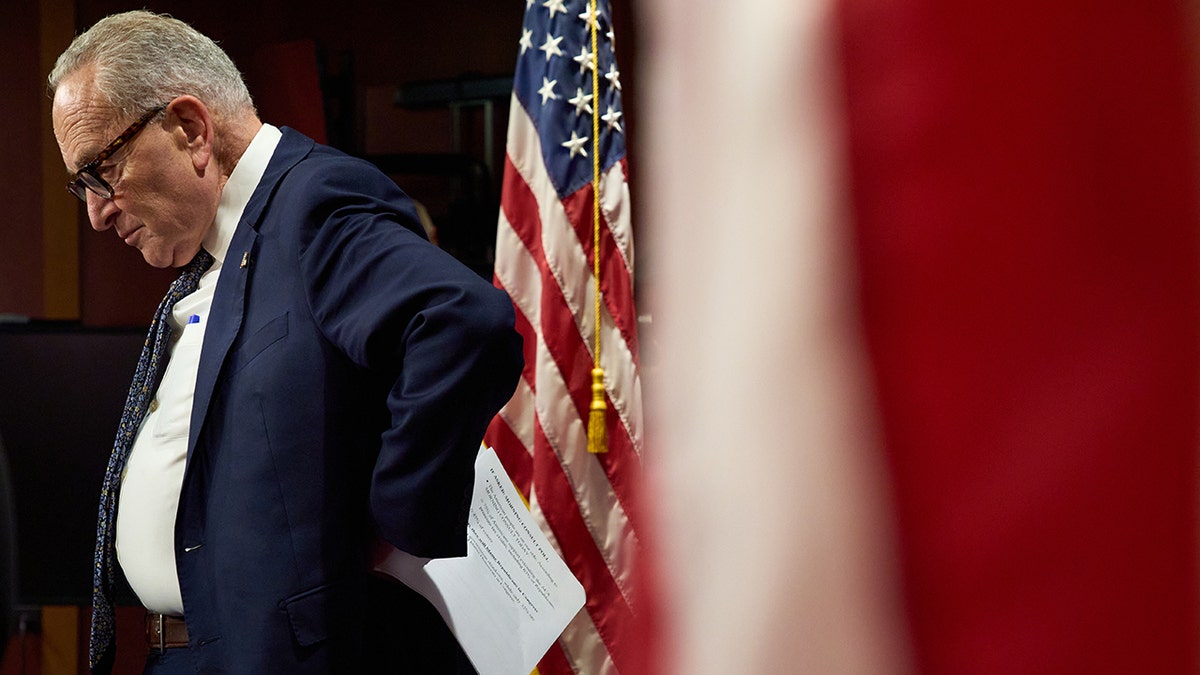 Chuck Schumer gledajući dolje u pod s rukama na bokovima