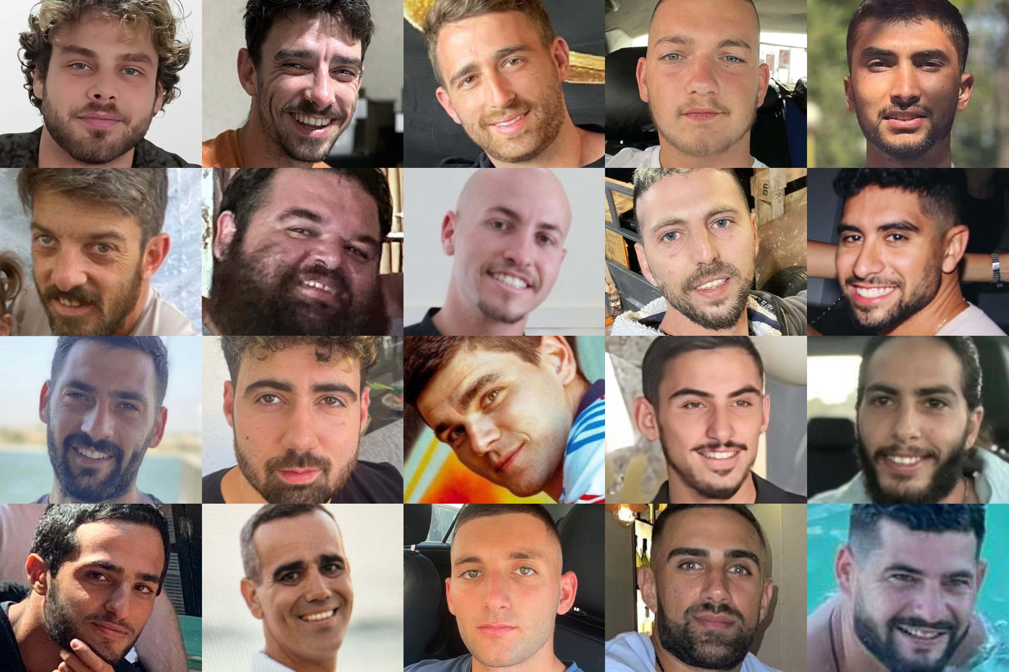 Hostages taken by Hamas – we do not know who is dead/alive – names left to right Top row: Alon Ohel, Ariel Cunio, Avinatan Or, Bar Kupershtein, Bipin JoshiSecond row: David Cunio, Eitan Horn, Eitan Mor, Elkana Bohbot, Evyatar DavidThird row: Gali Berman, Guy Gilboa-Dalal, Maksym Harkin, Rom Braslavski, Matan Zangauker Donji red: Nimrod Cohen, Omri Miran, Matan Angrest, Segev Kalton, Ziv Bermanhttps: //stories.bringthemhomenow.net/about-them##