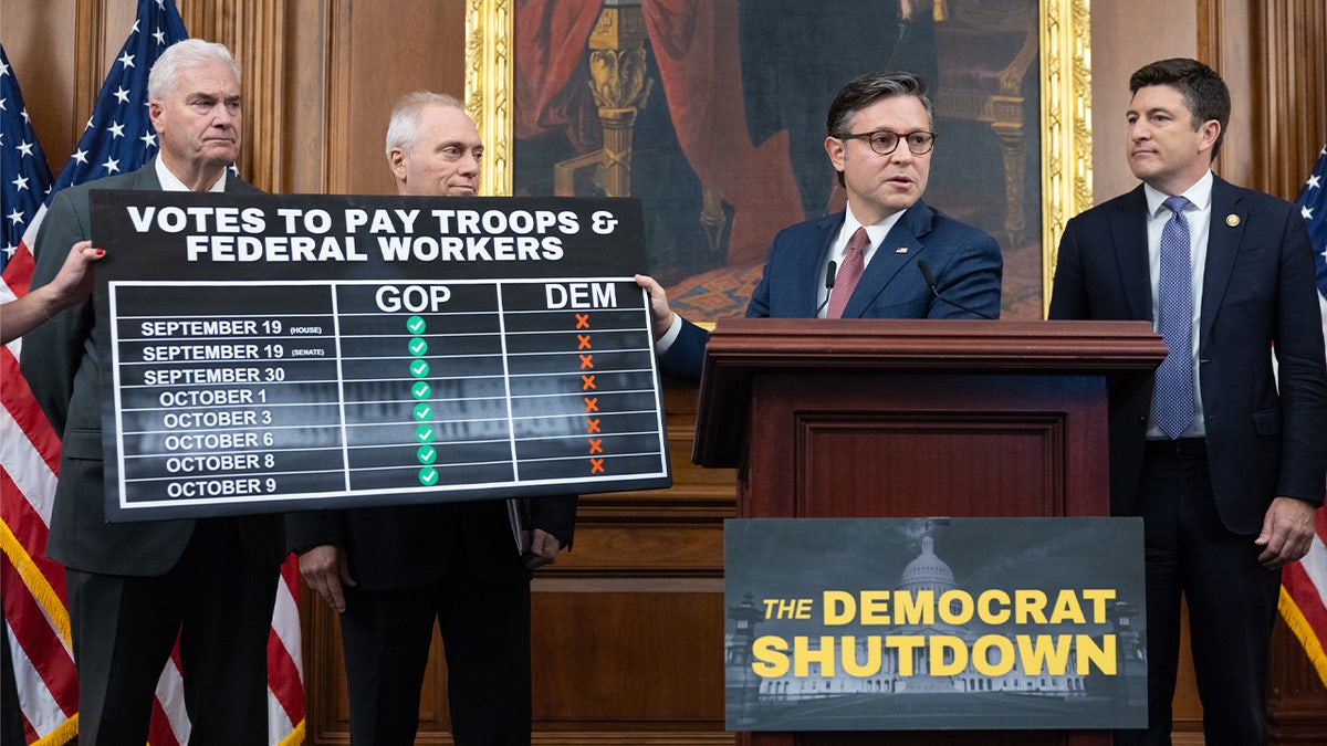 Mike Johnson i čelnici House GOP -a održavaju znak koji kaže "Glasovi za plaćanje trupa i saveznih radnika"