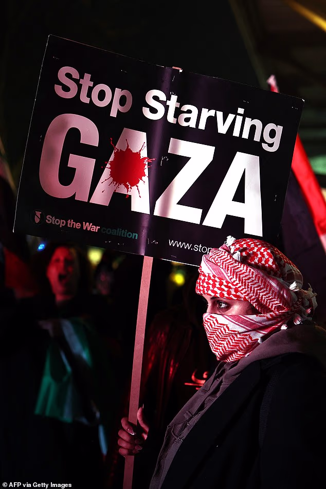 A protester pictured with a 'stop starving Gaza' placard on Thursday night