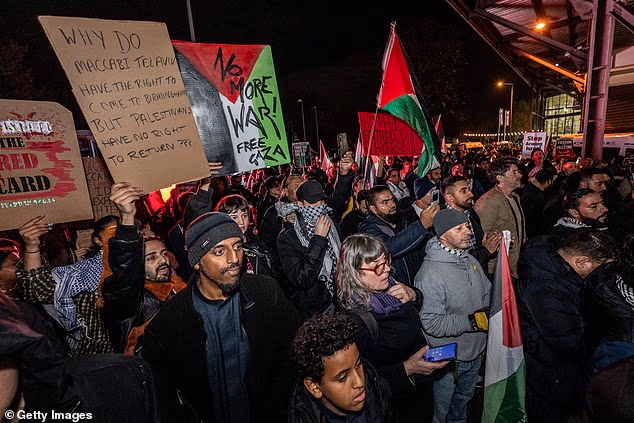 A group of pro-Palestine protesters wave placards and flags outside Villa Park
