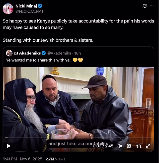 Nicki Minaj pohvalila je Yeov sastanak s poznatim rabinom, objavivši na X da je 'tako sretna što vidi kako Kanye preuzima javnu odgovornost za bol koju su njegove riječi možda toliko prouzročile', dodajući da stoji 'uz našu židovsku braću i sestre'