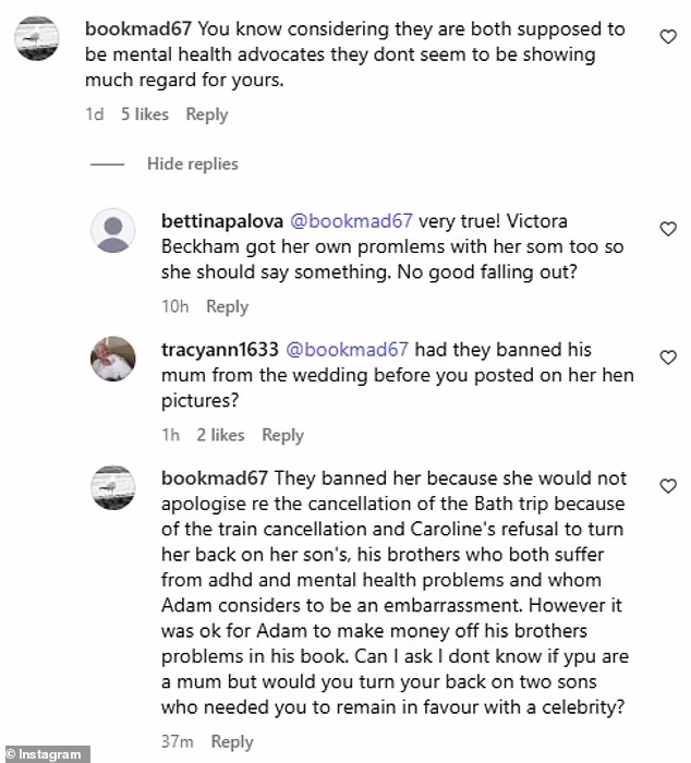 Inzistirala je na tome da je Adamu 'neugodno' zbog psihičkih problema njegove obitelji i njegove braće